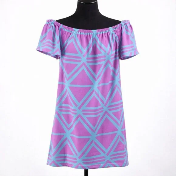 Mahi Gold Purple & Turquoise Geometric Mini Dress - Off-The-Shoulder - Size L - Picture 2 of 4